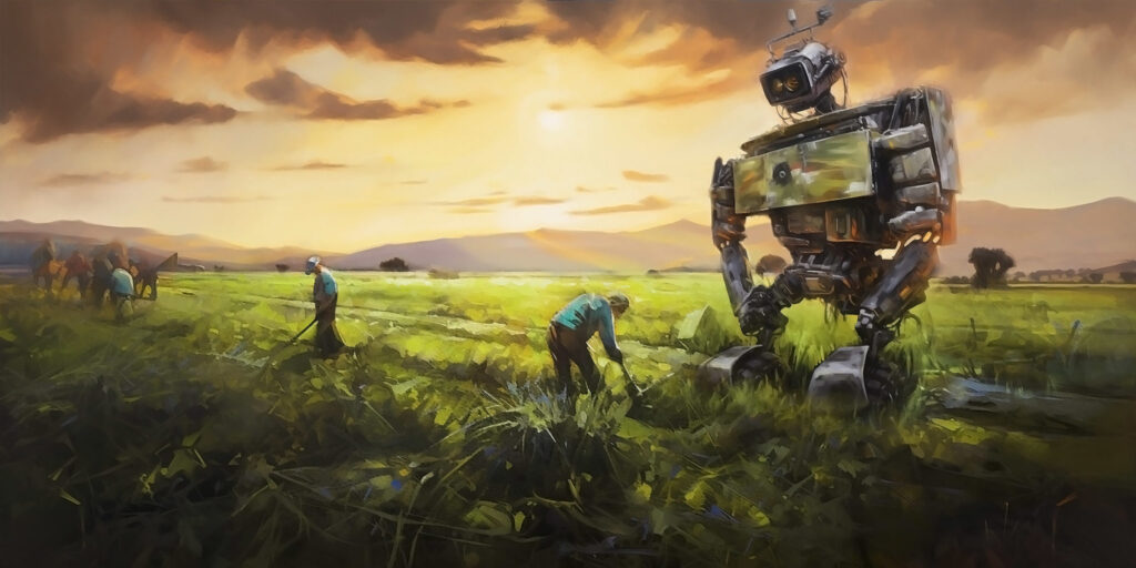 illustration of a giant robot standing over a farmer in a field